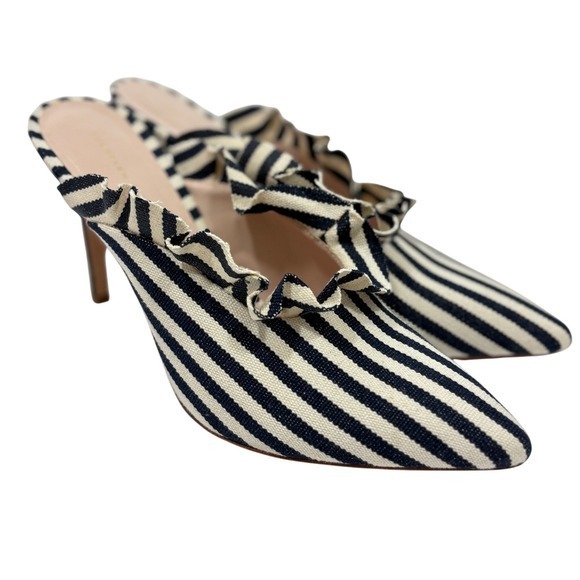 Loeffler Randall Shoes - Loeffler Randall Langley Ruffle Mules Navy White Striped Woven Heels 8.5 B